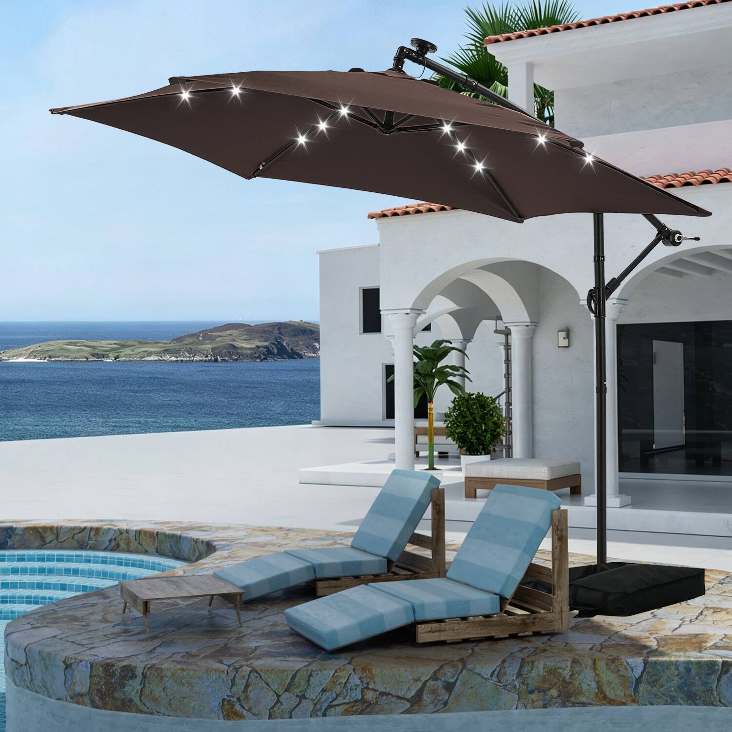 Left. Ainfox - Ainfox 10FT Outdoor Patio Cantilever Umbrella Hanging Offset with Cross Base  Sand Bags & 24 LED Solar Lights - Coffee.