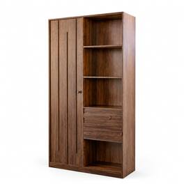 Forest'nSky - 13.78 in. W x 39.37 in. D x 68.90 in. H Freestanding Tall Cabinet with Fluted Door, 2 Drawers and Open Shelves - Walnut