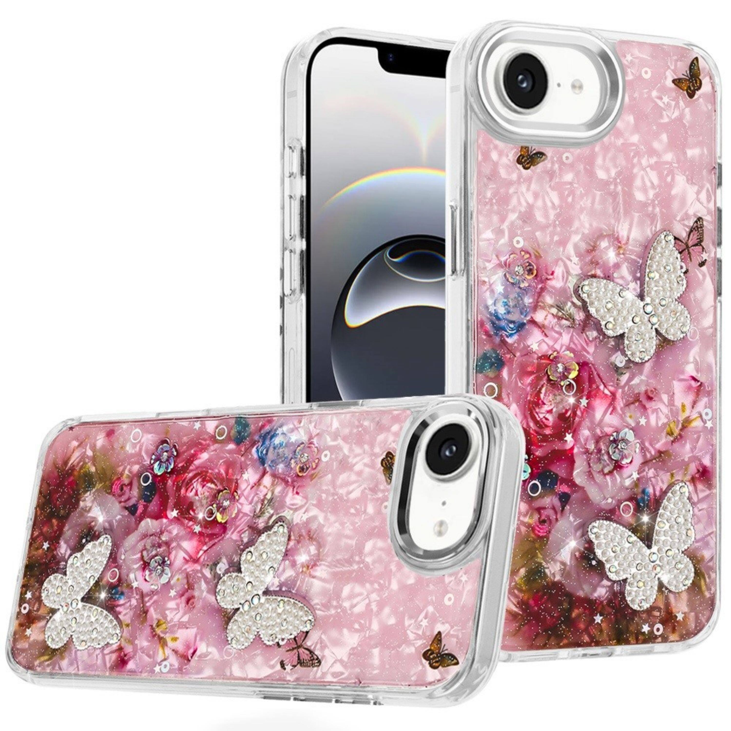 Kitcheniva - Epoxy Glitter With 3D Beaded Butterflies Case Plus Tempered Glass For iPhone 16e/17e B - Multicolor