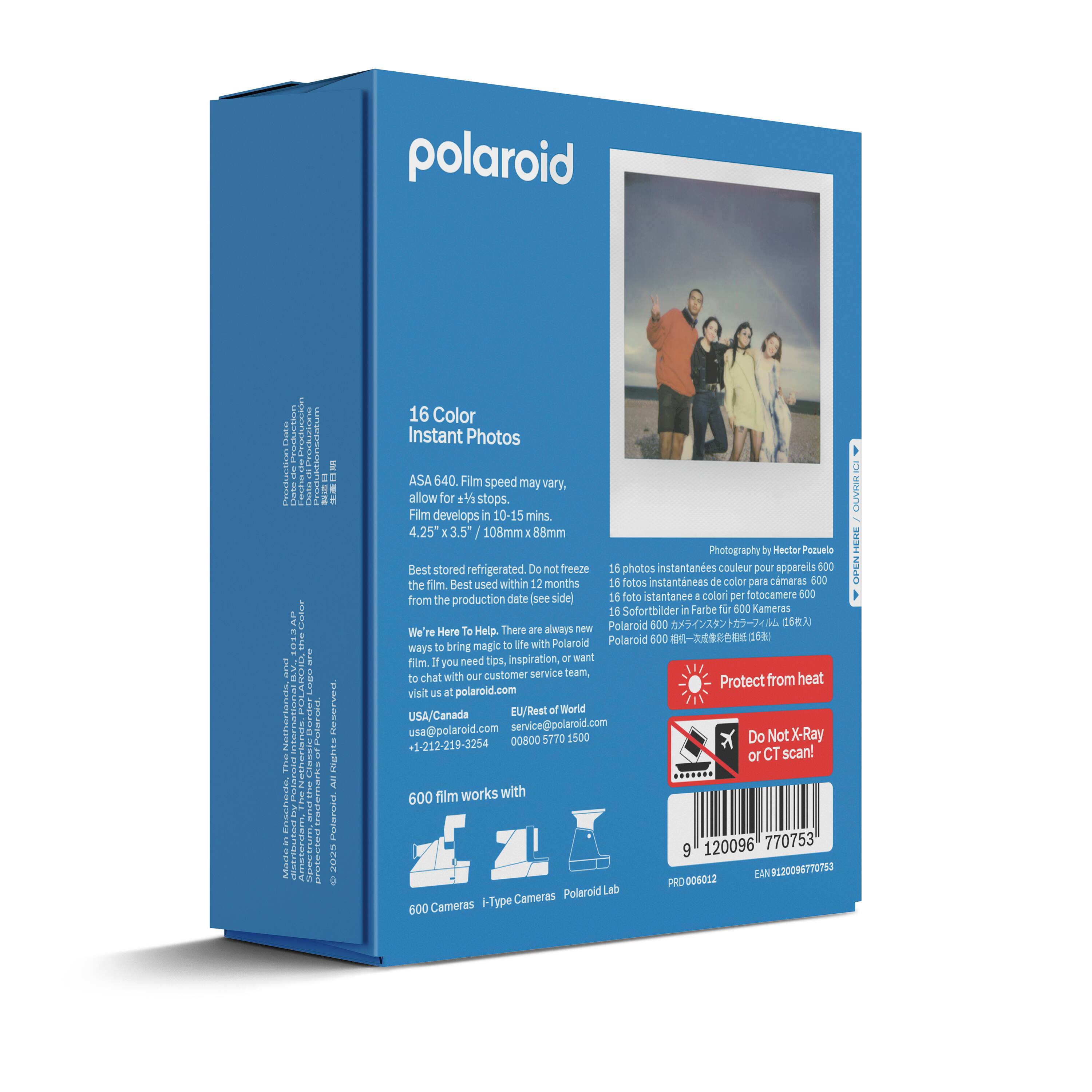 polaroid

I i Cuter 101 ! I ARCO ! Natterands.ana Puarima The ! Martea a  Reserven Pgtrs I Potarnot SI 16 Color Instant Photos : ASA 640. Film speed may vary, allow for 5 stops. CVIR Film develops in 10-15 mins. 4.25" I 3.5 108mm E 88mm Photography Dy Hector Pozuelo I Best stored refrigerated. Do not freeze 16 photos instantanes couleur poM appareils 500 CHMEN fim Best used within 12 months 16 fotos instantneas de color para comeras 800 the see sidel 15 toto istentance 1 colori per fotocemere 500 from the production date 16 Sofortbilder  Farbe Tur 500 Kameras Polaroid 800  6 We re Here To Help There are always new lfe with Polaroid Polaroid 500  ways to bring magic to E need tips, inspiration, or want fim you to chat with our customer service team, heat Protect from visit