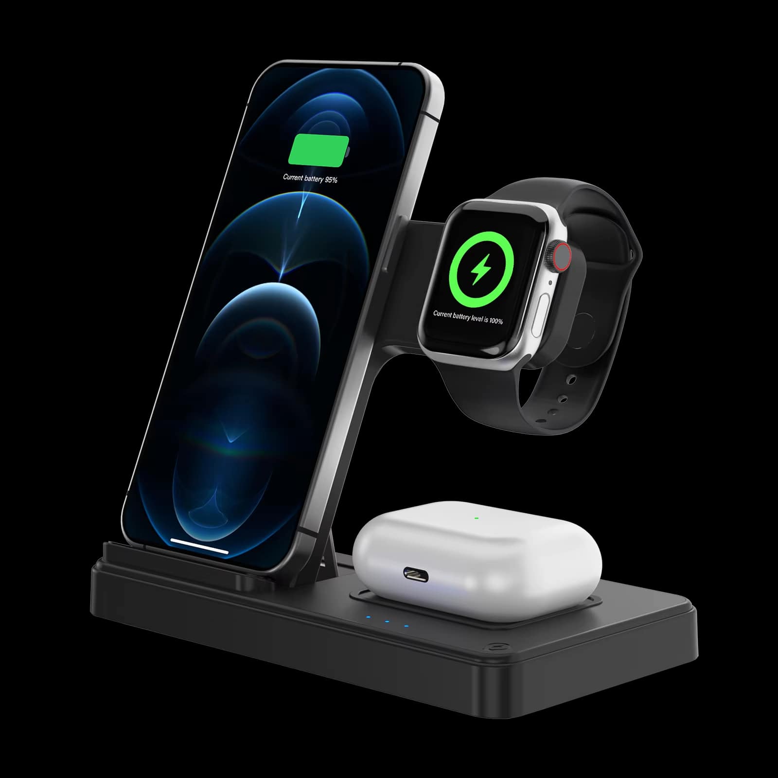 Luckbyte - 3-in-1 Magnetic Foldable Wireless Charging Station, 18W Fast Charger for iPhone 16-12, Apple Watch & AirPods, Travel Hub - Black