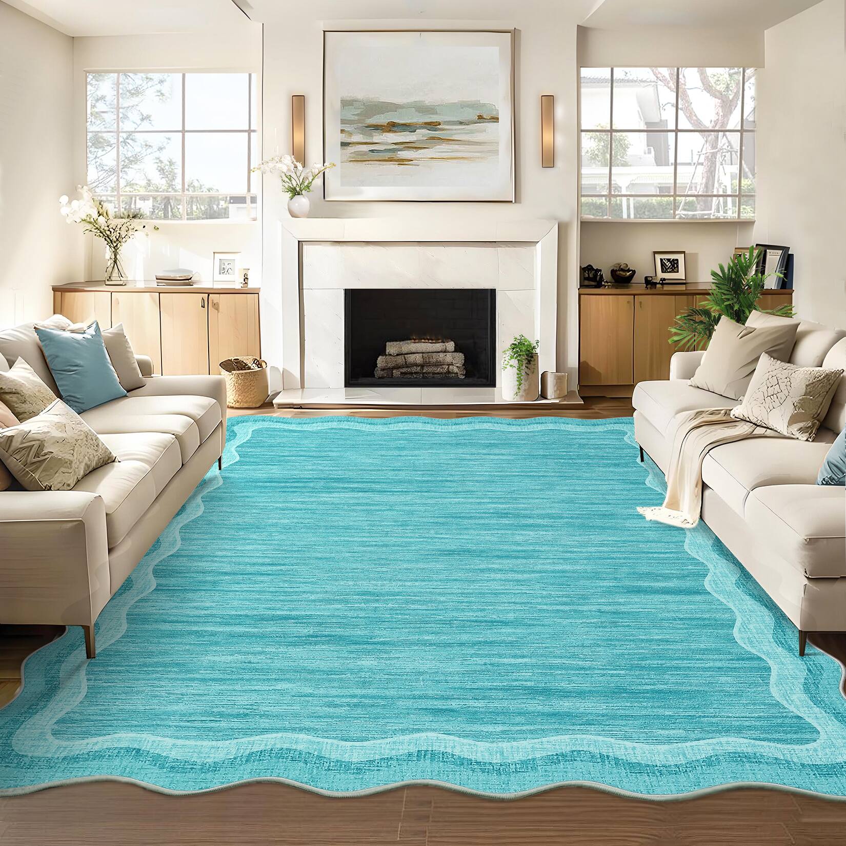 GARVEE - Modern Solid Color Area Rug Low Pile Machine Washable Non Slip Stain Resistant Carpet for Bedroom Kitchen Dining Room - Blue Green