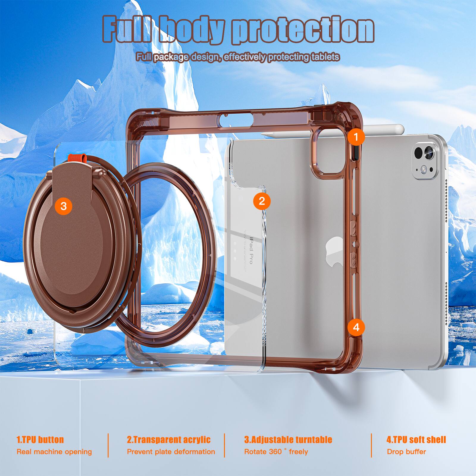 Full body protection  
Full package design, effectively protecting tablets  

1. TPU button  
Real machine opening  

2. Transparent acrylic  
Prevent plate deformation  

3. Adjustable turntable  
Rotate 360° freely  

4. TPU soft shell  
Drop buffer