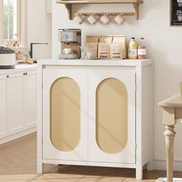 Babevy - Rattan Sideboard Buffet Cabinet with Doors, Shelves & Wooden Coffee Bar Console, Versatile Storage - White