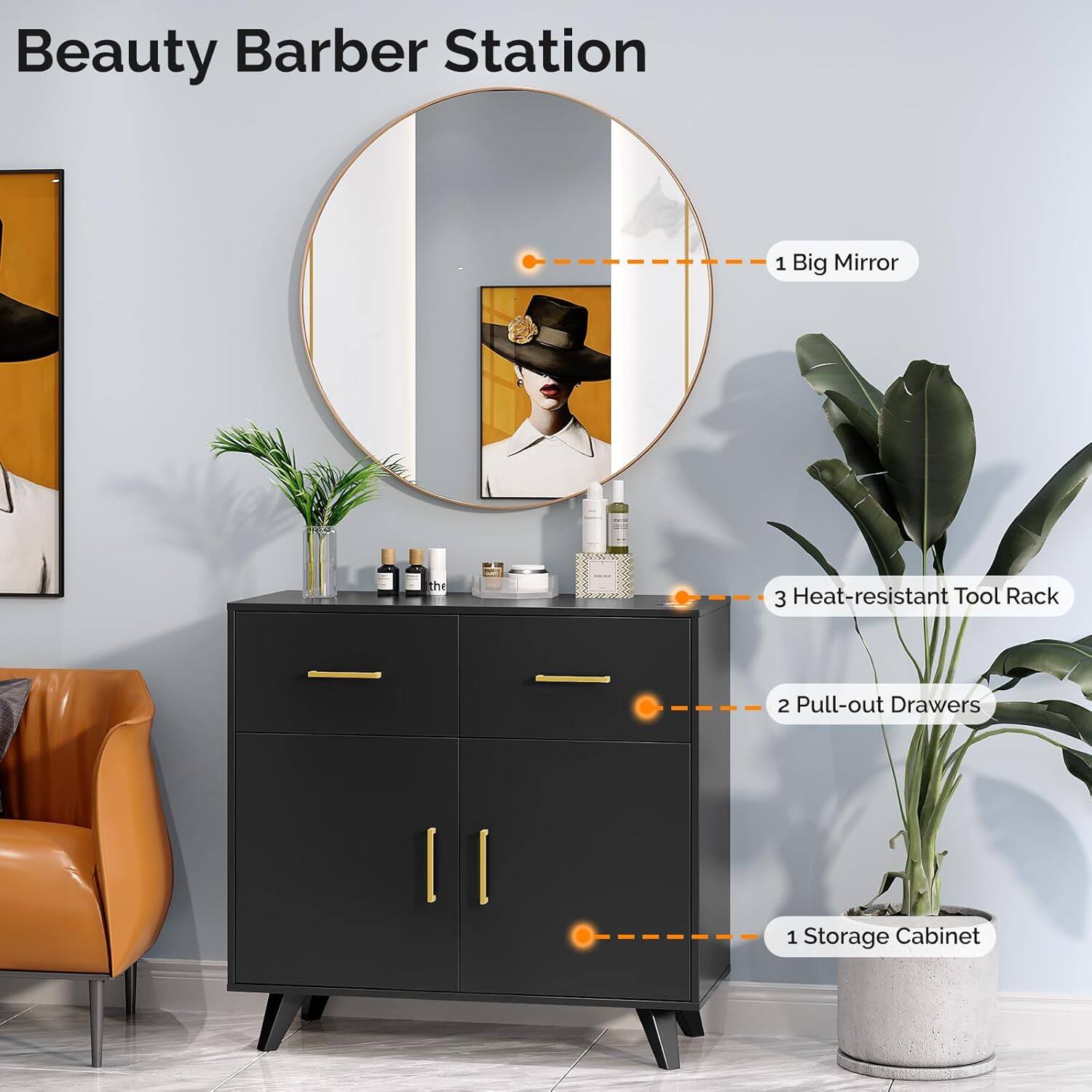 Beauty Barber Station

1 Big Mirror  
2 Pull-out Drawers  
3 Heat-resistant Tool Rack  
1 Storage Cabinet