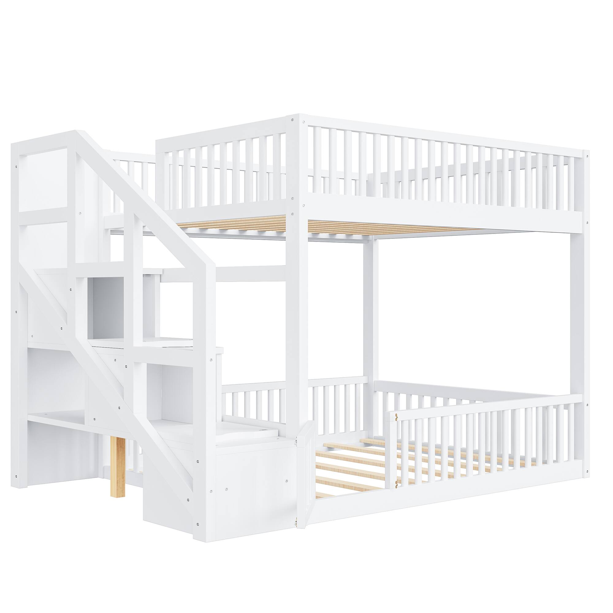 Angle. Whisen - Full over Full Floor Bunk Bed,Low-Profile Bunk Bed with Storage Staircase & Guardrails - White.