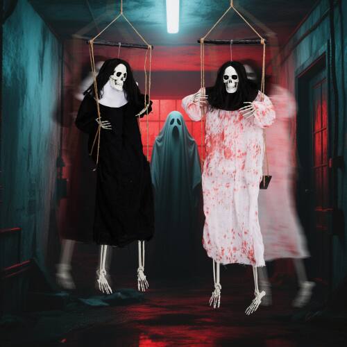 Alt View 9. Winado - 2PCS Halloween Hanging Skeleton Scary Swinging Grim Reapers w/ Lighted Eyes, Creepy Prop for In/Outdoor Party Decoration - Black & White.