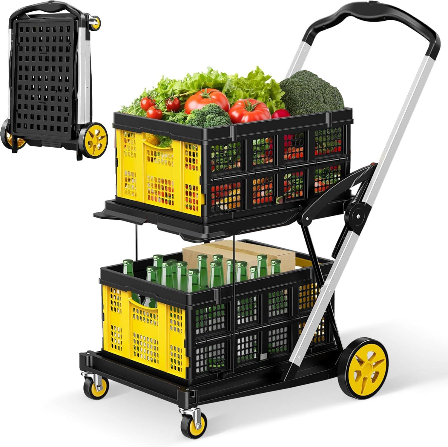 Alt View 5. Silvel - Collapsible Shopping Cart, 8-in-1 200LBS Multi Functional Utility Cart with 2 Storage Crate, Adjustable Handle - Yellow.
