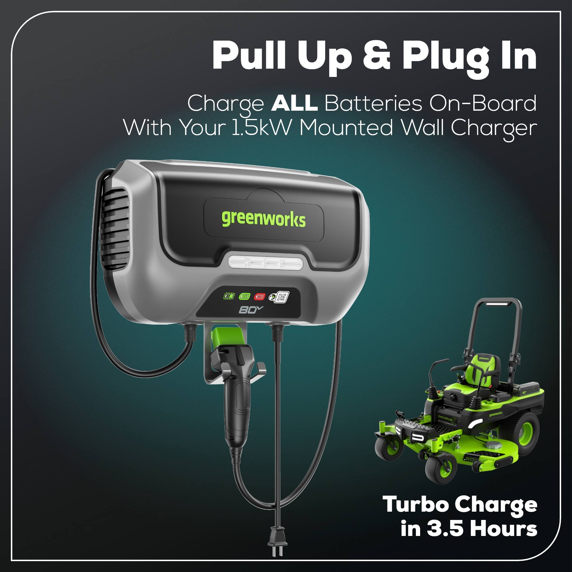 Pull Up & Plug In  
Charge ALL Batteries On-Board With Your 1.5kW Mounted Wall Charger  
greenworks XE  
BOY 2 Turbo Charge in 3.5 Hours