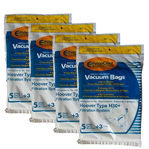 A MUST FOR ALLERGY SUFFERERS!  
EnviroCare TECHNOLOGIES  
Micro Fil Vacuum Bags  
Designed to Fit: Hoover Type H30+ Filtration System  
Traps Microscopic Particles and Allergens  
99.7% Filtration  
5 BAGS + 3 Filters  
Particulas Alergnicas Microscopicas  
Filtracion 99.7%  
5 BOLSAS + 3 FILTROS