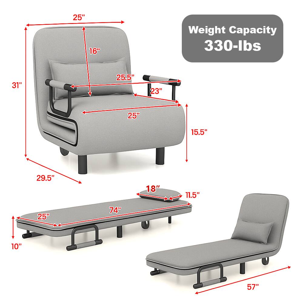 - Weight Capacity: 330-lbs
- Seat Height: 16"
- Seat Depth: 25.5"
- Back Height: 25"
- Armrest Height: 23"
- Overall Height: 31"
- Overall Width: 29.5"
- Overall Length: 74"
- Bed Height: 10"
- Bed Width: 25"
- Bed Length: 74"
- Folded Length: 57"
- Folded Width: 18"
- Folded Height: 11.5"