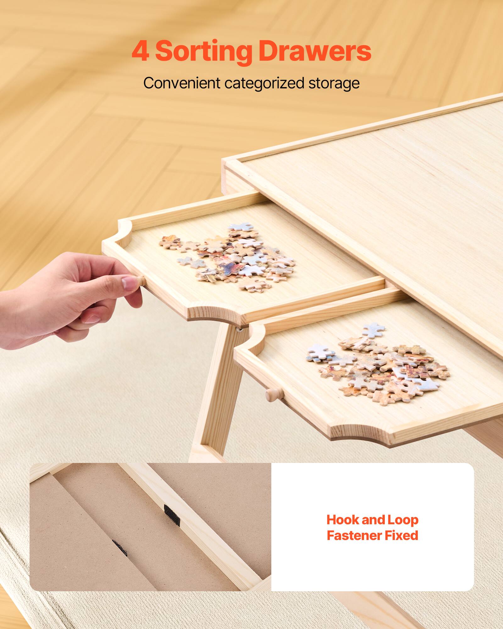 4 Sorting Drawers, Convenient categorized storage, Hook and Loop Fastener Fixed