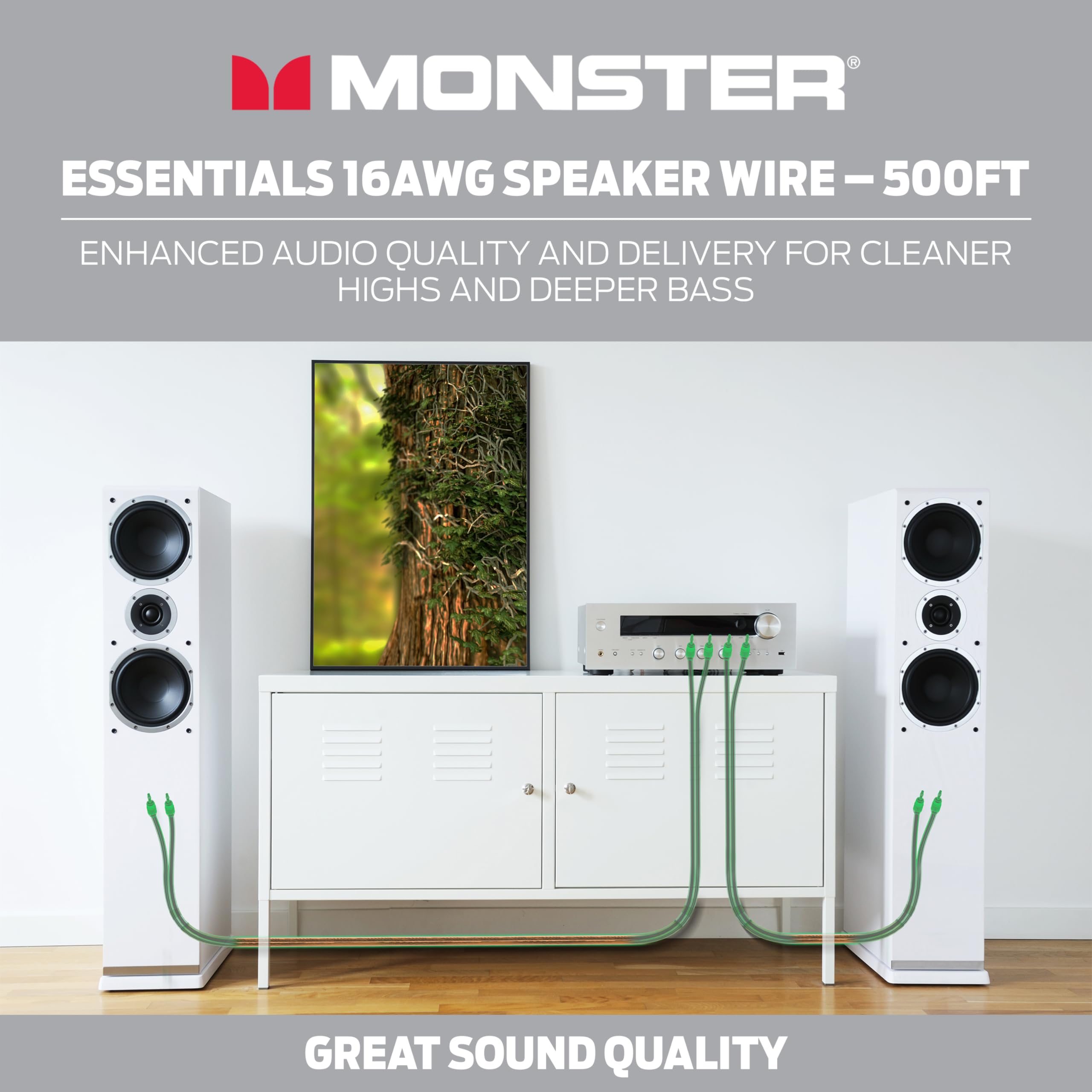 MONSTER ESSENTIALS 16AWG SPEAKER WIRE - 500FT  
ENHANCED AUDIO QUALITY AND DELIVERY FOR CLEANER HIGHS AND DEEPER BASS  
GREAT SOUND QUALITY