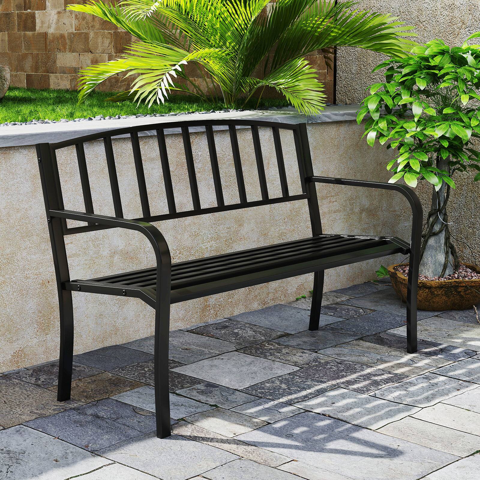 Alt View 4. Gymax - Gymax 50 Inches Garden Bench w/ Slatted Backrest & Curved Armrests for Porch - Black.