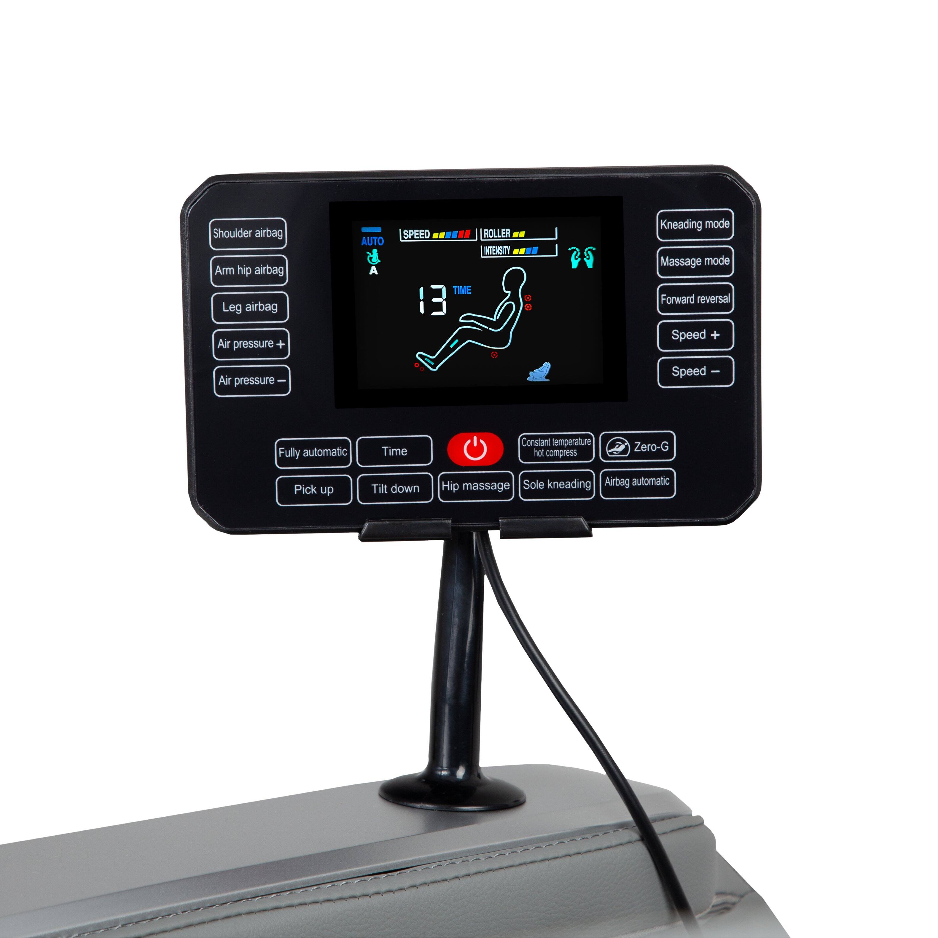 Shoulder airbag  
Arm hip airbag  
Leg airbag  
Air pressure +  
Air pressure -  

AUTO A  
SPEED ROLLER "NTENSTI TIME 13  

Kneading mode  
Massage mode  
Forward reversal  
Speed +  
Speed -  

Fully automatic  
Time  
Constant temperature hot compress  
Zero-G  
Pick up  
Tilt down  
Hip massage  
Sole kneading  
Airbag automatic