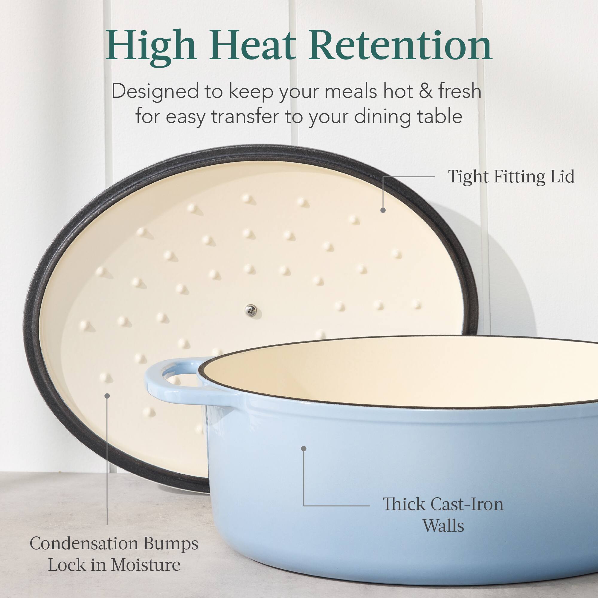 High Heat Retention  
Designed to keep your meals hot & fresh for easy transfer to your dining table  

- Tight Fitting Lid  
- Condensation Bumps Lock in Moisture  
- Thick Cast-Iron Walls
