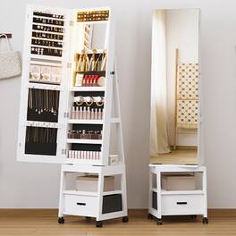 Acekool - Full Length Mirror Jewelry Organizer, 66" Lockable Jewelry Armoire with Led Light, Standing Jewelry Storage Cabinet - White