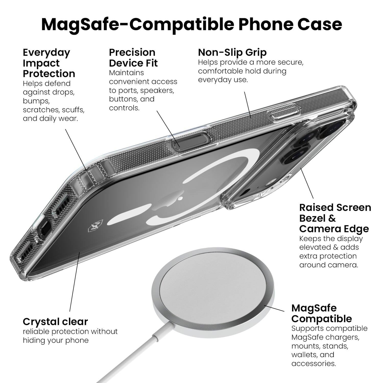 MagSafe-Compatible Phone Case

Everyday Impact Protection
Helps defend against drops, bumps, scratches, scuffs, and daily wear.

Precision Device Fit
Maintains convenient access to ports, speakers, buttons, and controls.

Non-Slip Grip
Helps provide a more secure, comfortable hold during everyday use.

Raised Screen Bezel & Camera Edge
Keeps the display elevated & adds extra protection around camera.

Crystal clear reliable protection without hiding your phone

MagSafe Compatible
Supports compatible MagSafe chargers, mounts, stands, wallets, and accessories.