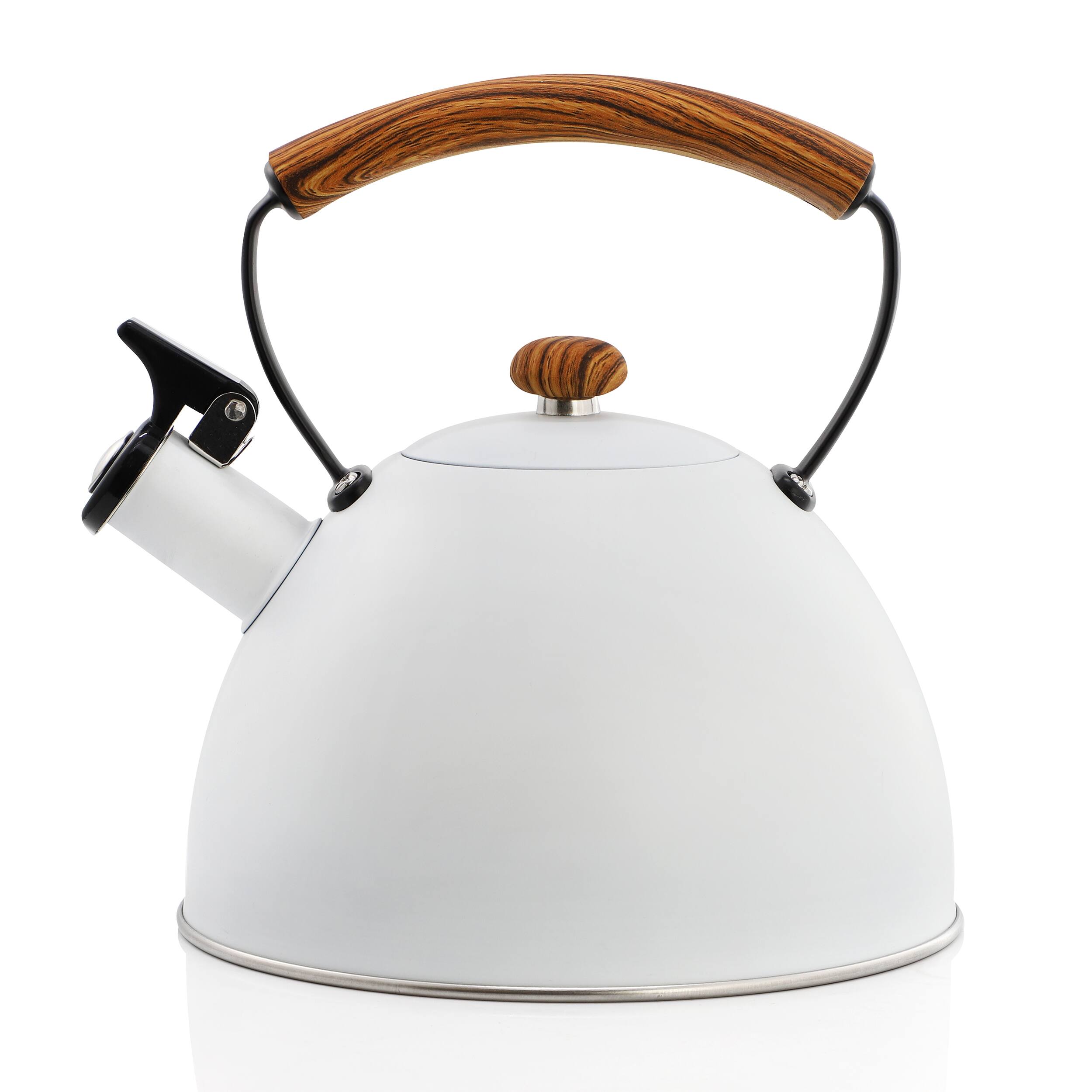 Left. MegaChef - MegaChef 3.2 Quart Whistling Tea Kettle with Wood Grain Nylon Cool Touch Handle, Matte White - White.
