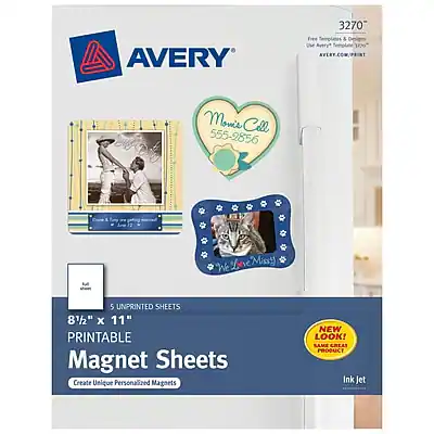 AVERY 3270 Free Templates & Designs
AVERY.COM/PRINT
Mom's Cell 555-2856
5 UNPRINTED SHEETS 8½" x 11"
PRINTABLE Magnet Sheets
Create Unique Personalized Magnets
NEW LOOK! SAME GREAT PRODUCT
Ink Jet