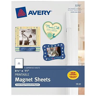 AVERY 3270 Free Templates & Designs  
AVERY.COM/PRINT  
Mom's Cell 555-2856  
5 UNPRINTED SHEETS 8½" x 11"  
PRINTABLE Magnet Sheets  
Create Unique Personalized Magnets  
NEW LOOK! SAME GREAT PRODUCT  
Ink Jet