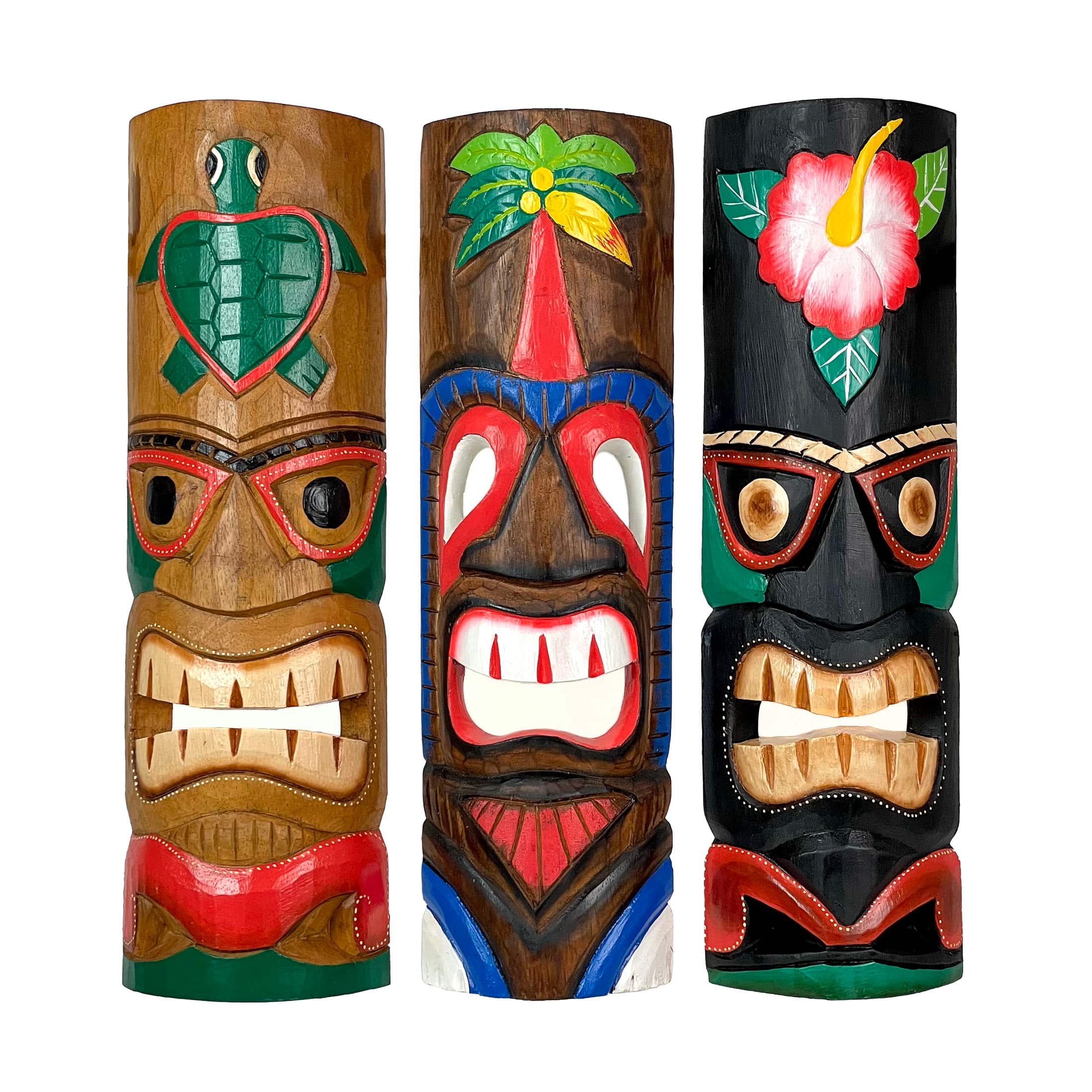Zeckos - Set of 3 Colorful Hawaiian Island Style Wooden Tiki Wall Masks 20 Inches High - Multicolored