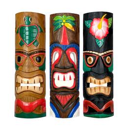 Zeckos - Set of 3 Colorful Hawaiian Island Style Wooden Tiki Wall Masks 20 Inches High - Multicolored