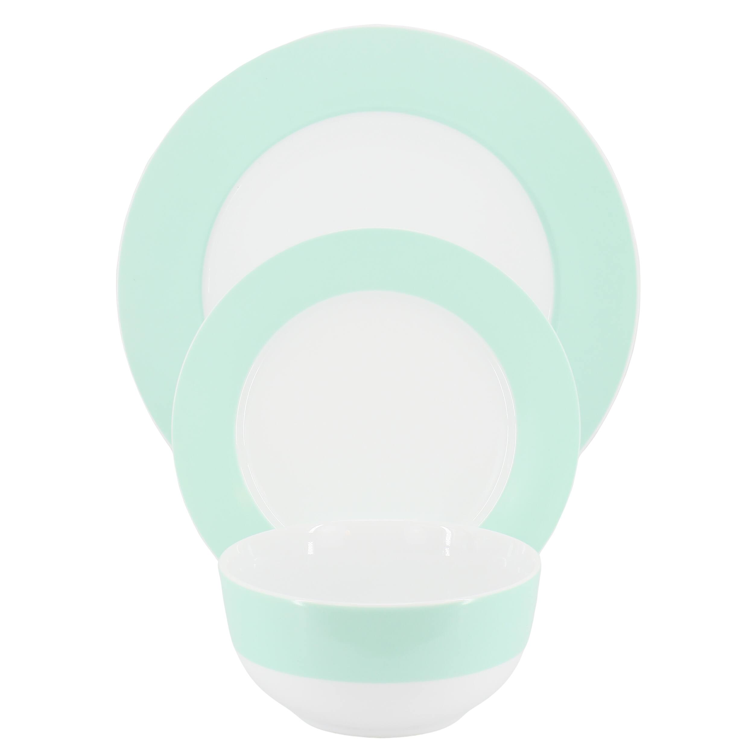 Alt View 1. Martha Stewart - Martha Stewart 12 Piece Banded Fine Ceramic Dinnerware Set in Baby Blue - Baby Blue.