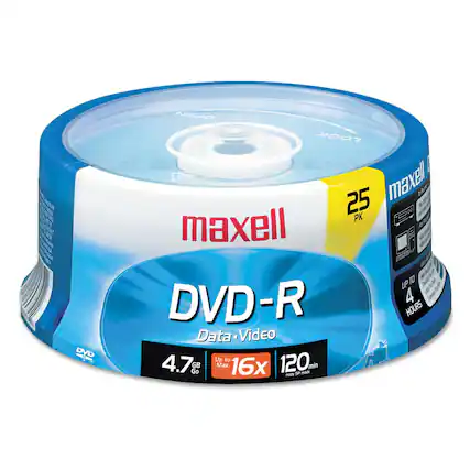 DVD-R
Data + Video
4.7 GB Max
Up to 4.7 GB
16x
120 min
Made in Japan
25 PK
UP TO 4 HOURS
maxell
