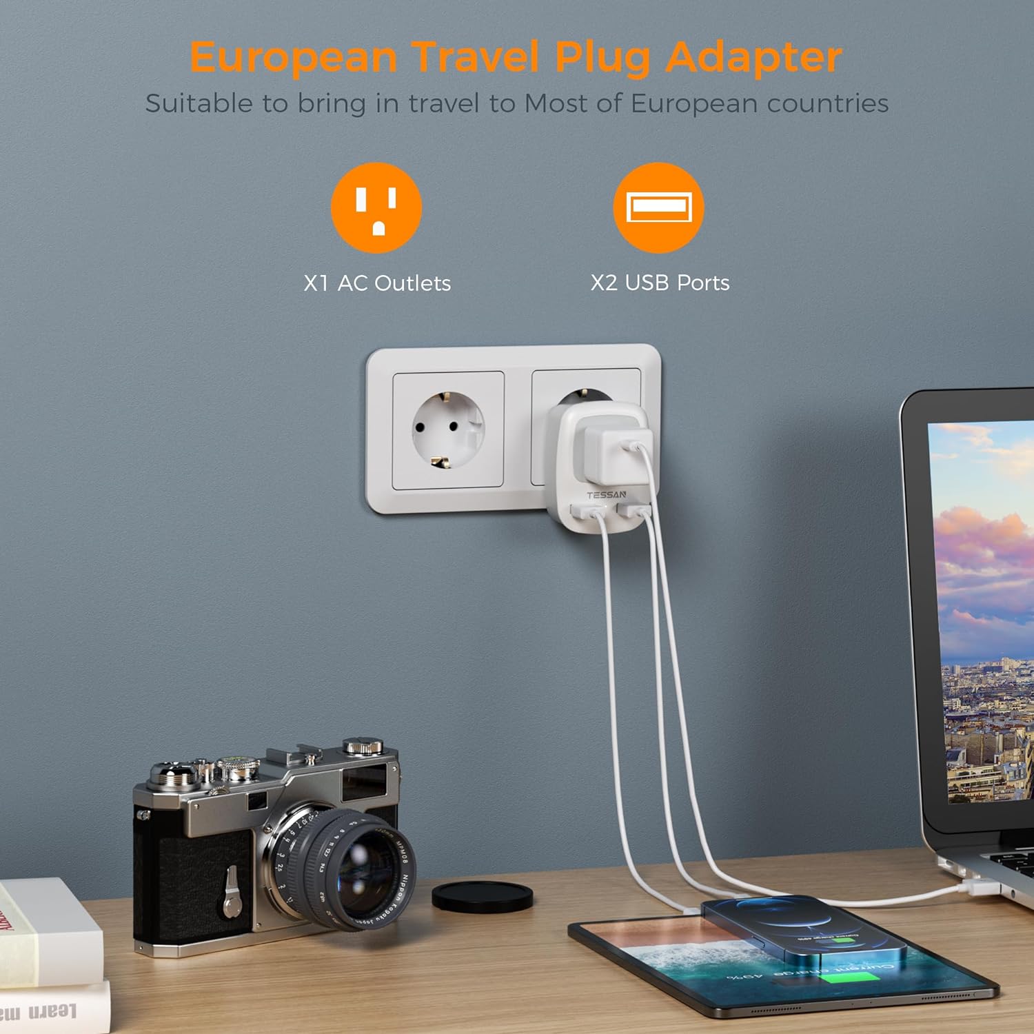 European Travel Plug Adapter  
Suitable to bring in travel to Most of European countries  

X1 AC Outlets  
X2 USB Ports