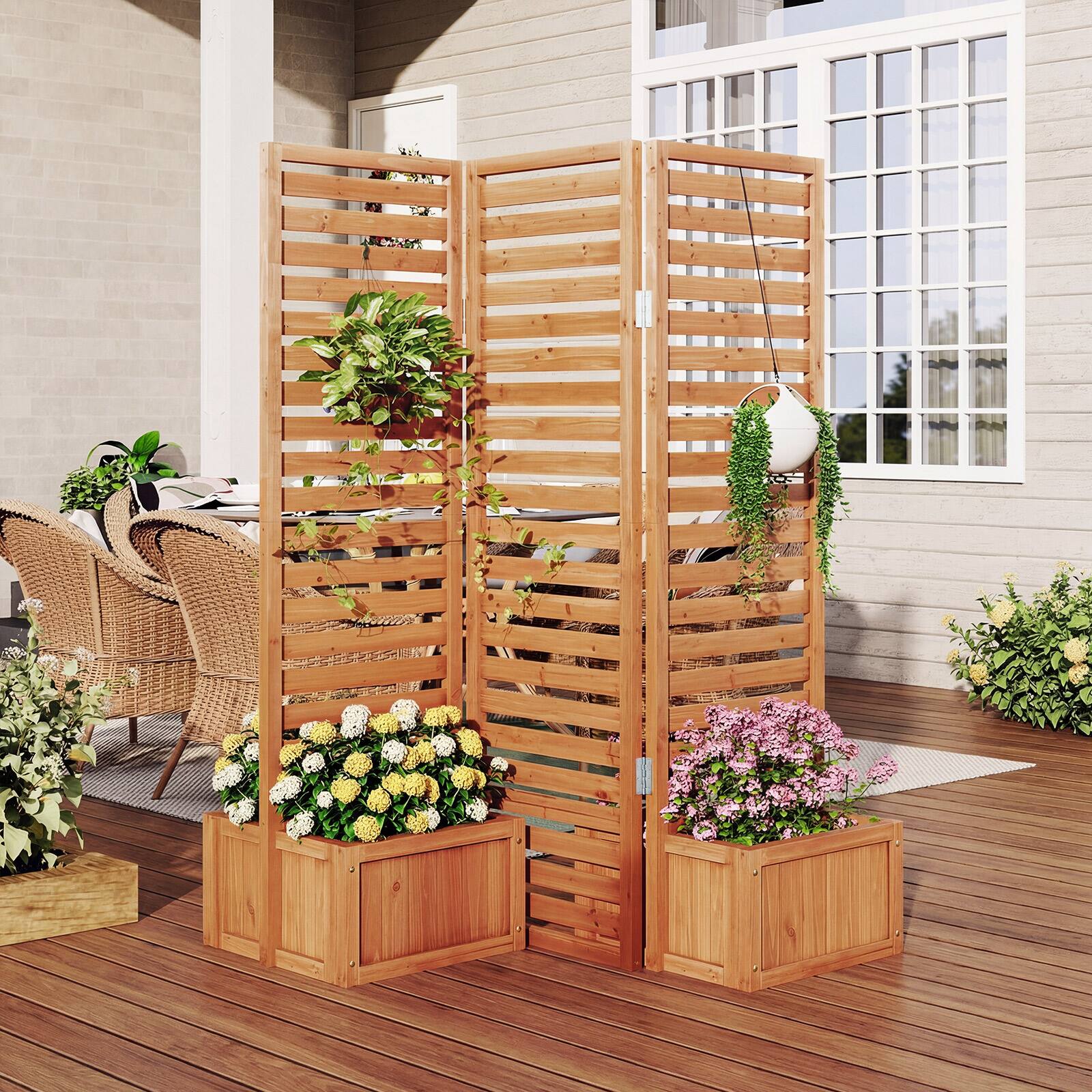 Alt View 1. Costway - Costway Privacy Screen with 2 Self-Draining Planter Boxes,3-Panel Freestanding Garden Fence - Yellow.