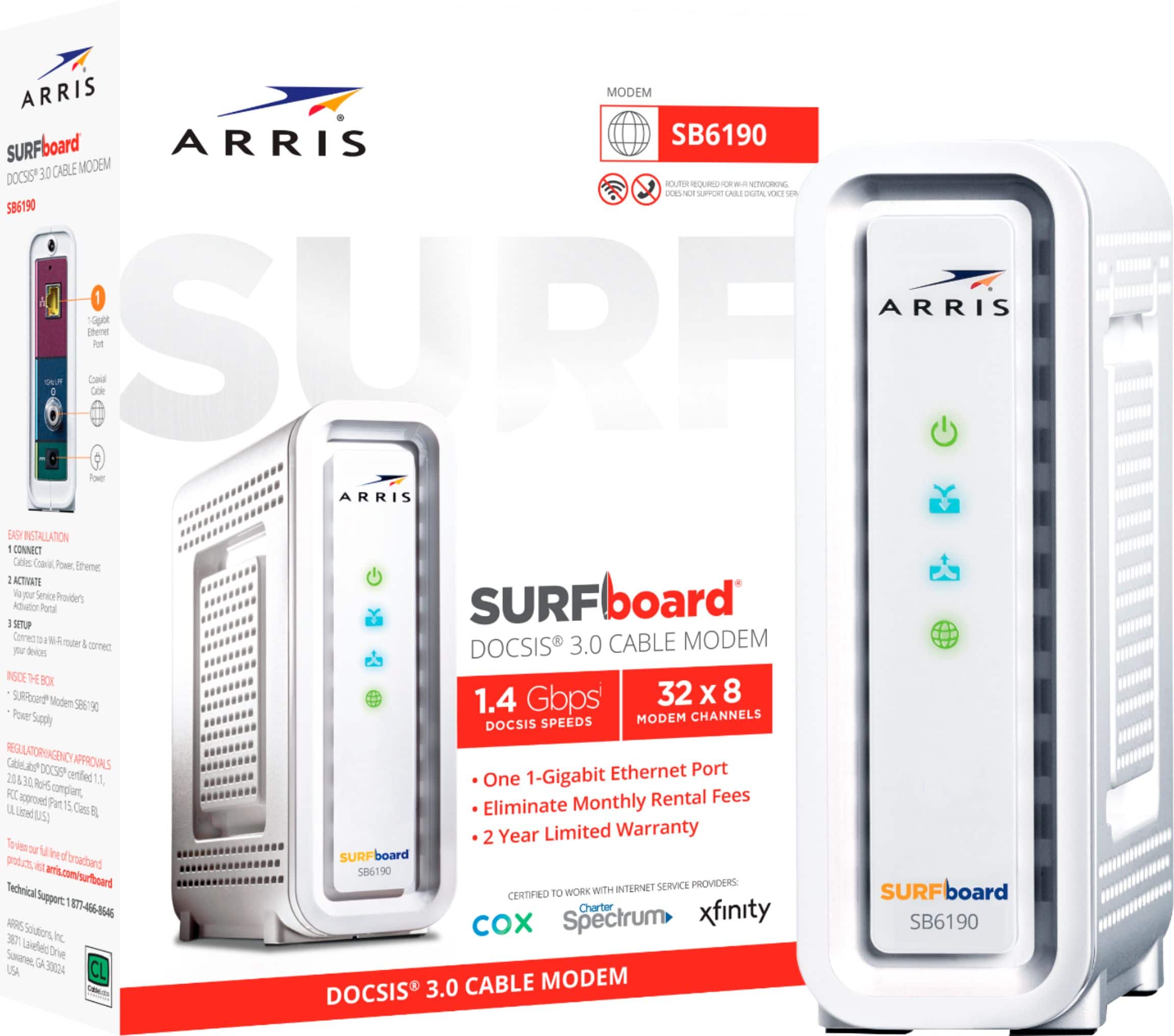 Front. ARRIS - SURFboard SB6190 32 x 8 DOCSIS 3.0 Cable Modem - White.