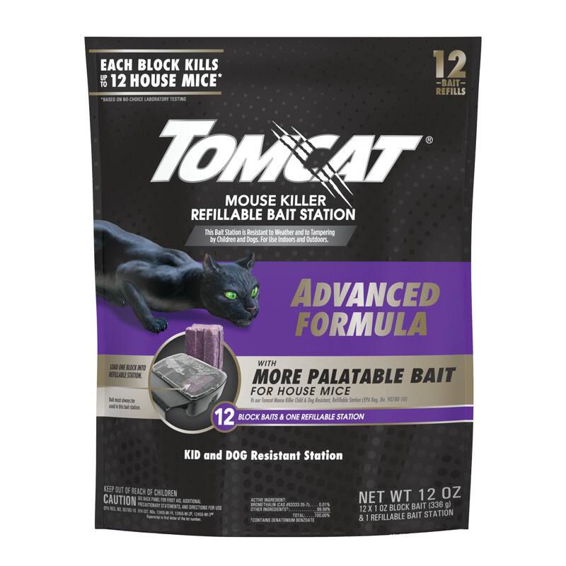 EACH BLOCK KILLS UP TO 12 HOUSE MICE*  
*BASED ON NO CHOICE LABORATORY TESTING  

TOMCAT  
MOUSE KILLER REFILLABLE BAIT STATION  

This Bait Station is Resistant to Weather and to Tampering by Children and Dogs. For Use Indoors and Outdoors.  

ADVANCED FORMULA  
WITH MORE PALATABLE BAIT FOR HOUSE MICE  

12 BLOCK BAITS & ONE REFILLABLE STATION  

KID and DOG Resistant Station  

KEEP OUT OF REACH OF CHILDREN  

CAUTION  

NET WT 12 OZ  
12 x 1 OZ BLOCK BAIT (336 g)  
1 REFILLABLE BAIT STATION  

ACTIVE INGREDIENTS:  
DIPHENYLTRIAZENE BENTONITE  

INGREDIENTS:  
100% CONTAINS DIPHENYLTRIAZENE BENTONITE  

EPA Reg. No. 87780-101  

LOAD ONE BLOCK INTO REFILLABLE STATION.  
But must always be loaded in the bait station.  

KEEP OUT OF REACH OF CHILDREN.  

CAUTION: READ BACK PANEL FIRST