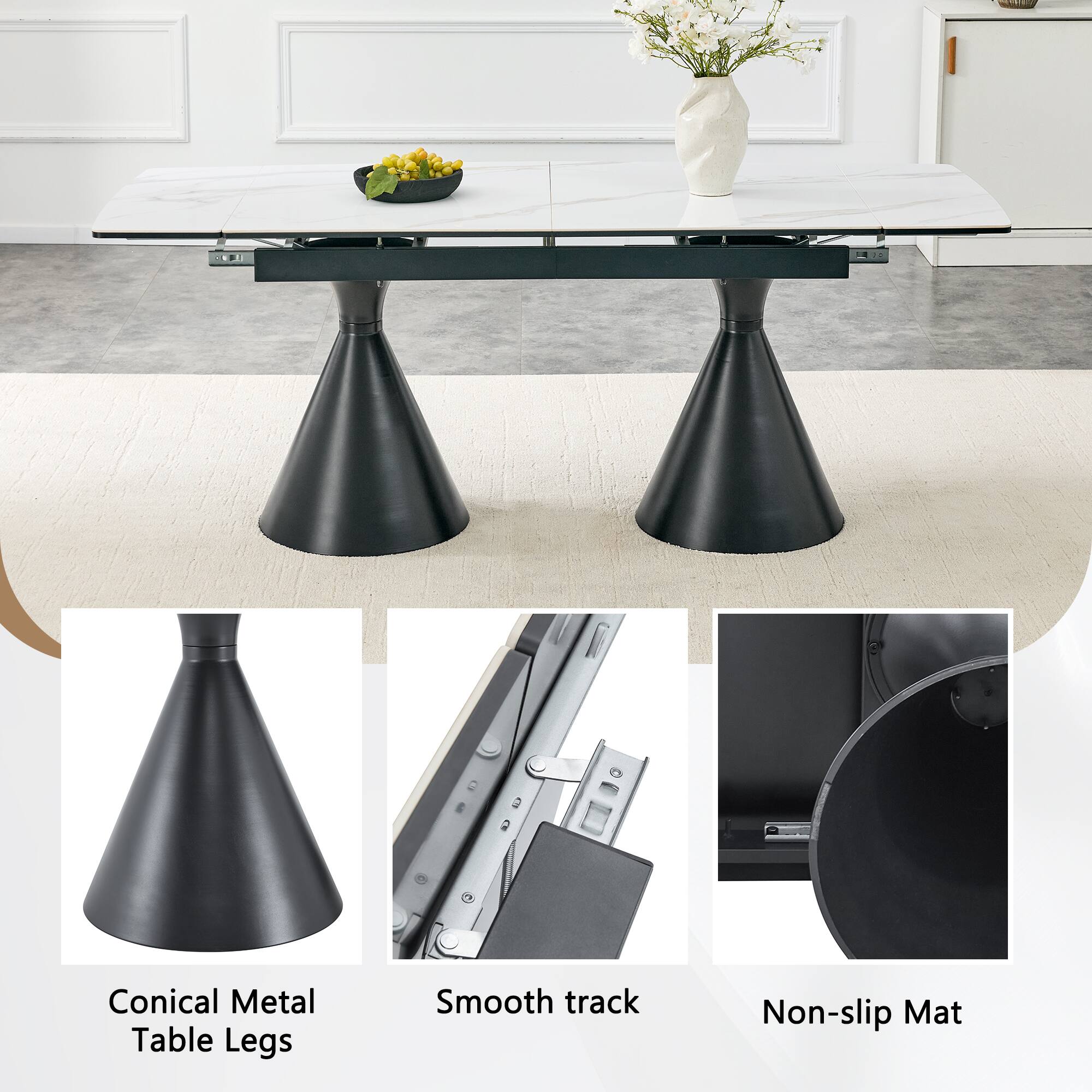 Conical Metal Table Legs, Smooth track, Non-slip Mat