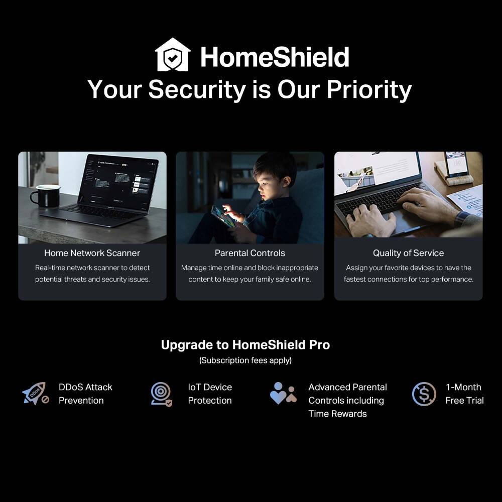 HomeShield Your Security is Our Priority

Home Network Scanner
Real-time network scanner to detect potential threats and security issues.

Parental Controls
Manage time online and block inappropriate content to keep your family safe online.

Quality of Service
Assign your favorite devices to have the fastest connections for top performance.

Upgrade to HomeShield Pro (Subscription fees apply)
DDoS Attack Prevention
IoT Device Protection
Advanced Parental Controls including Time Rewards
1-Month Free Trial