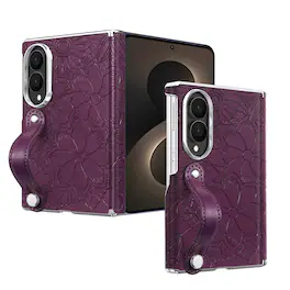 Dteck - Shockproof Case for Samsung Galaxy Z Fold8 with Wristband, Floral Leather Texture Rigid Plastic Hinge Protective Cover - Purple