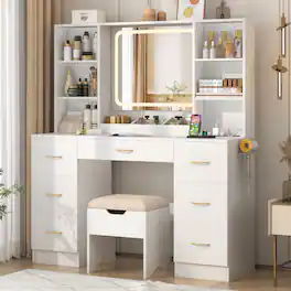 Espafurni - 47" Bedroom Vanity Desk - 7 Drawers, 6 Shelves, Cushion Stool, Outlet, 3 - Lighting Modes - White