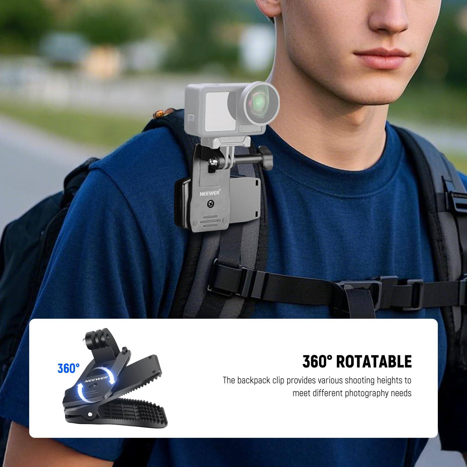 NEEWER 360° ROTATABLE  
The backpack clip provides various shooting heights to meet different photography needs