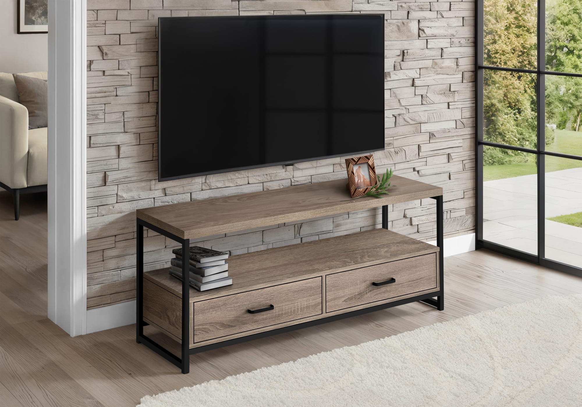 Spaco - TV Stand for TVs Up to 55 Inch, 48” Industrial Entertainment Center Media Console with Wood Look, 2 Drawers - taupe