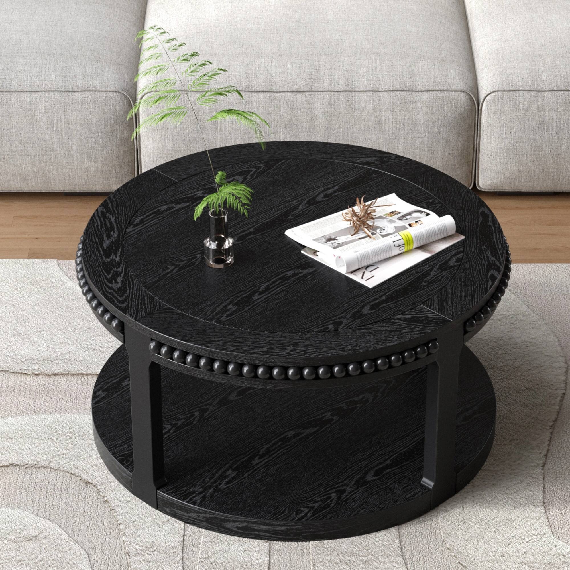 Alt View 2. Lirago - 32" Solid Wood Round Coffee Table 2Tier Rustic Wood Desktop with Open Shelving Storage Shelf Design for Living Room Home - Black.