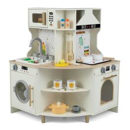 Resenkos - Kids Wooden Corner Play Kitchen with Working Faucet & Sink - Pretend Cooking Set - Beige