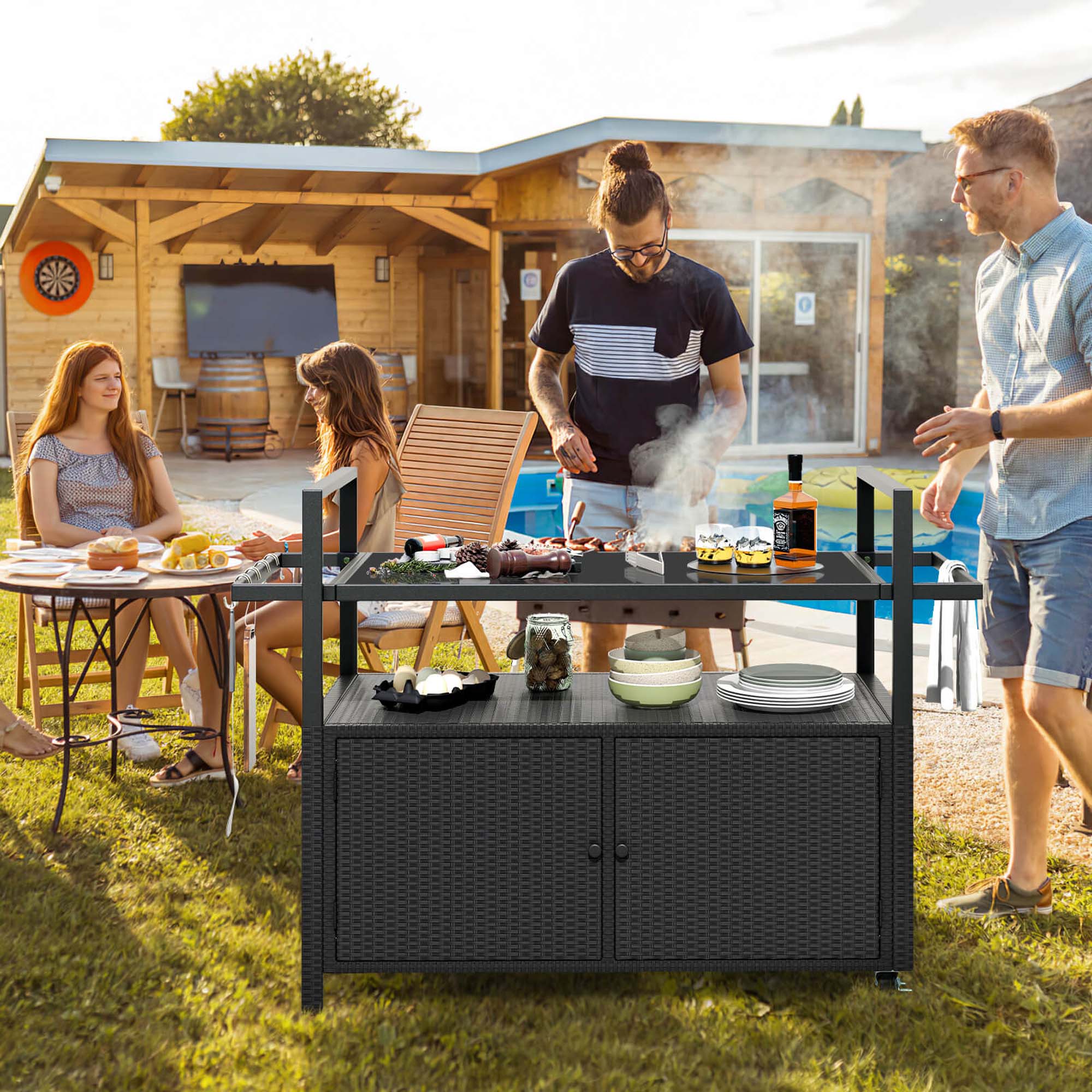 Alt View 3. Costway - Costway Outdoor Bar Cart with Tempered Glass Top Storage Cabinet & 8 Hooks for Porch - Black.