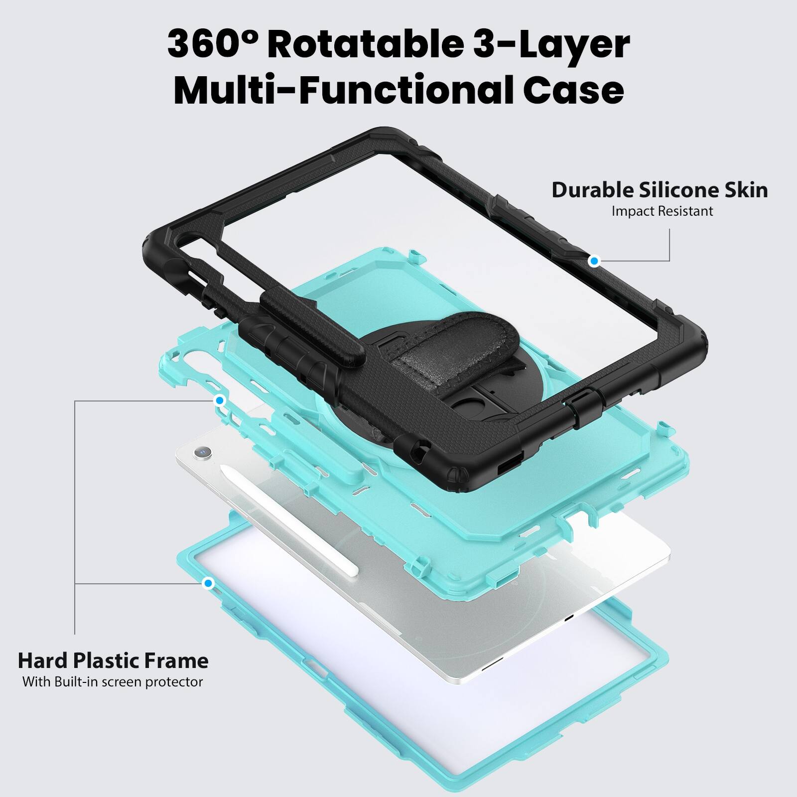 360° Rotatable 3-Layer Multi-Functional Case

Durable Silicone Skin
Impact Resistant

Hard Plastic Frame
With Built-in screen protector