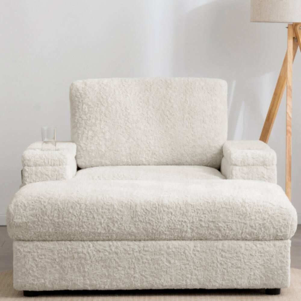 Alt View 4. LUCKY ONE - 42" Oversized Faux Rabbit Fur Single Sofa Armchair w/ Cup Holders Storage Ottoman - Beige.