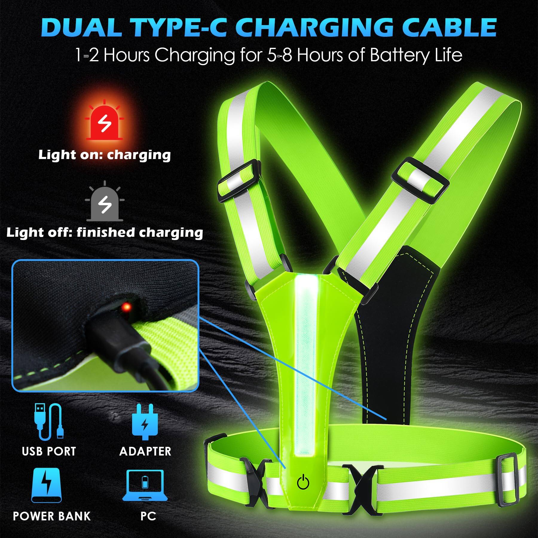 DUAL TYPE-C CHARGING CABLE  
1-2 Hours Charging for 5-8 Hours of Battery Life  

Light on: charging  
Light off: finished charging  

USB PORT  
ADAPTER  
POWER BANK  
PC