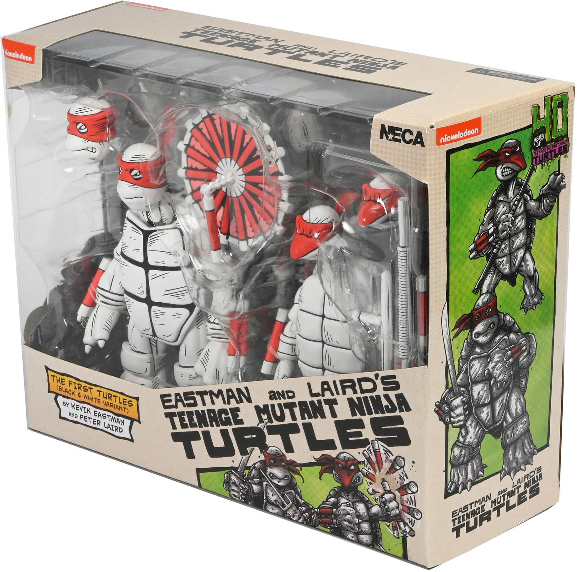 The box contains a set of four action figures from the Teenage Mutant Ninja Turtles series. The figures are of the characters Eastman and Laird, who are the creators of the TMNT franchise. The box is made by Neca and is designed to resemble a comic book.