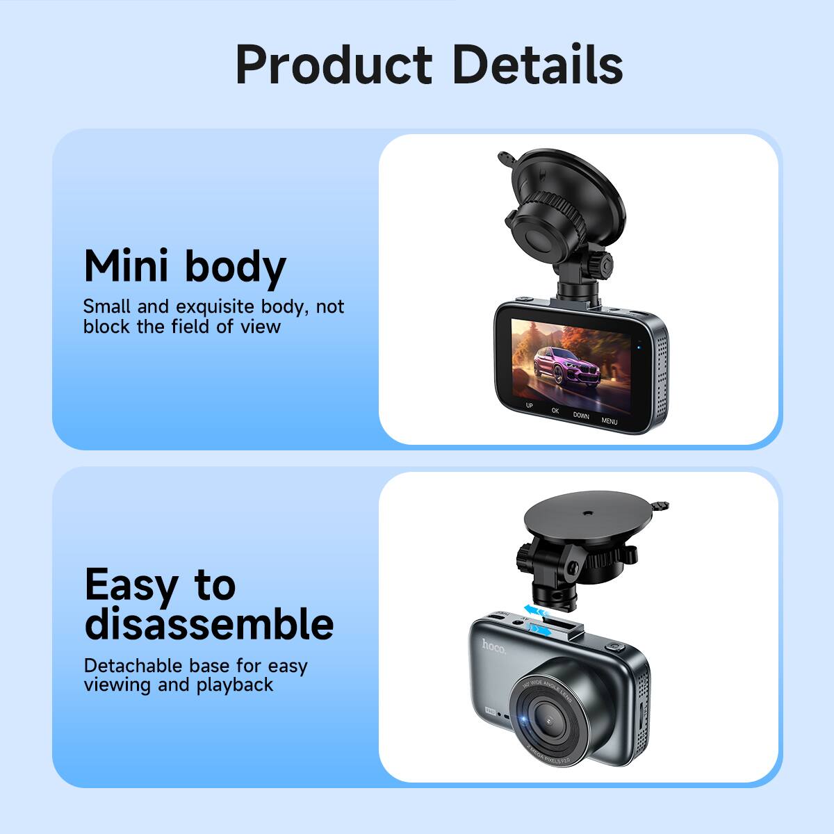 Product Details

Mini body  
Small and exquisite body, not block the field of view

Easy to disassemble  
Detachable base for easy viewing and playback