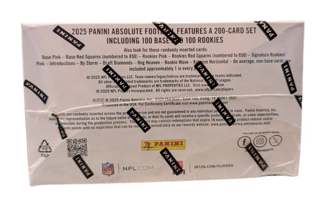 2025 PANINI ABSOLUTE FOOTBALL FEATURES A 200-CARD SET INCLUDING 100 BASE AND 100 ROOKIES

Also look for these randomly inserted cards:
- Red (numbered to 850)
- Rookies Pink
- Rookies Red Squares (numbered to 850)
- Signature Rookies/ Base
- Pink Base Squares
- Draft Diamonds
- Hog Heaven
- Rookie Wave
- Horizontal

On average, non-base cards are included approximately 1 in every 2025 All NFL teams indicated.

Base Pink – Base Red Squares (numbered to 850) – Rookies Pink – Rookies Red Squares (numbered to 850) – Signature Rookies/ Base Pink – Introductions – By Storm – Draft Diamonds – Hog Heaven – Rookie Wave – Horizontal

© 2025 NFL All other trademarks are trademarks of the National Football League. © 2025 NFL Players Incorporated. All rights are reserved. www.nflpa.com/players

PANINI Official Product of NFL PROPERTIES LLC. Visit www.nfl.com

PANINI America, Inc. 5325 FAA