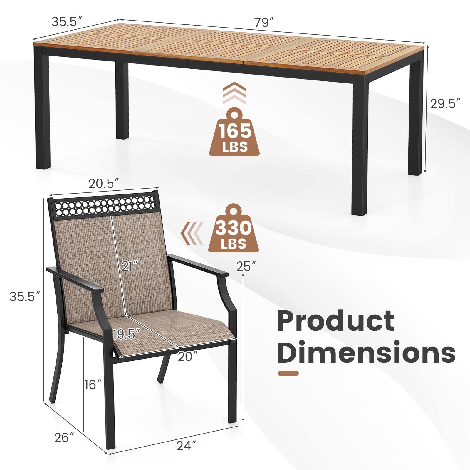 The text on the image is grouped and corrected as follows:

Product Dimensions: 26" 24"

The table is 26 inches wide and 24 inches long. The chair is 26 inches wide and 24 inches long.
