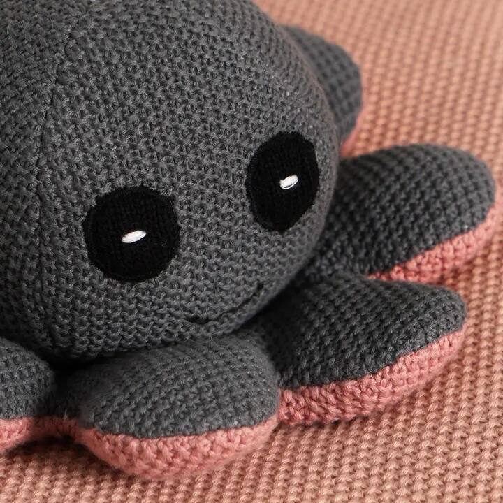 Left. Siljoy - Knitted Stuffed Octopus Soft Toy, 23x9 cm, 100% Cotton Filling, Polyester, Cuddle Buddy for Kids - Dark Gray.